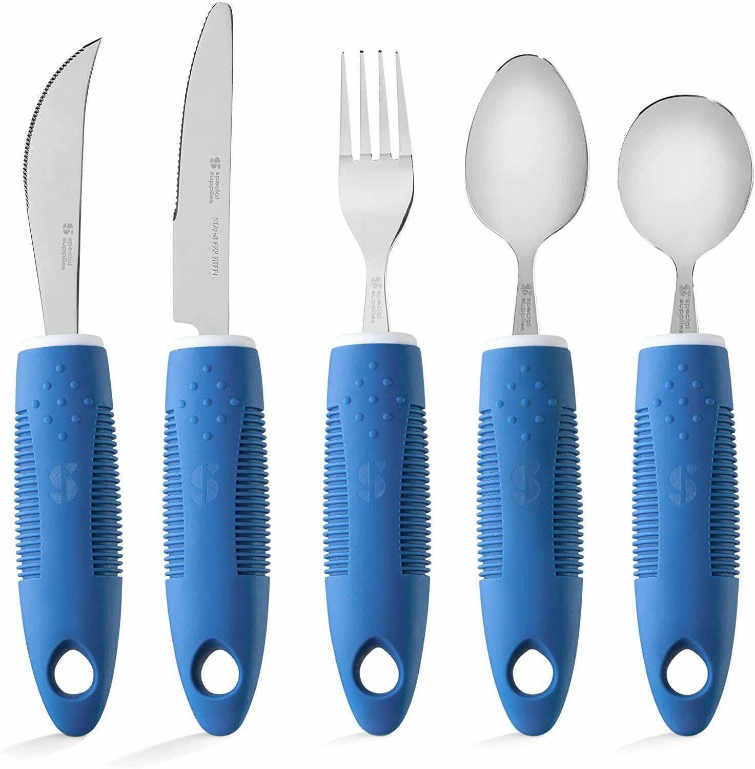 Adaptive Utensils (5-Piece Kitchen Set) Wide, Non-Weighted, Non-Slip Handles for Hand Tremors, Arthritis, Parkinson?s or Elderly Use - Stainless Steel Knives, Fork, Spoons - Blue