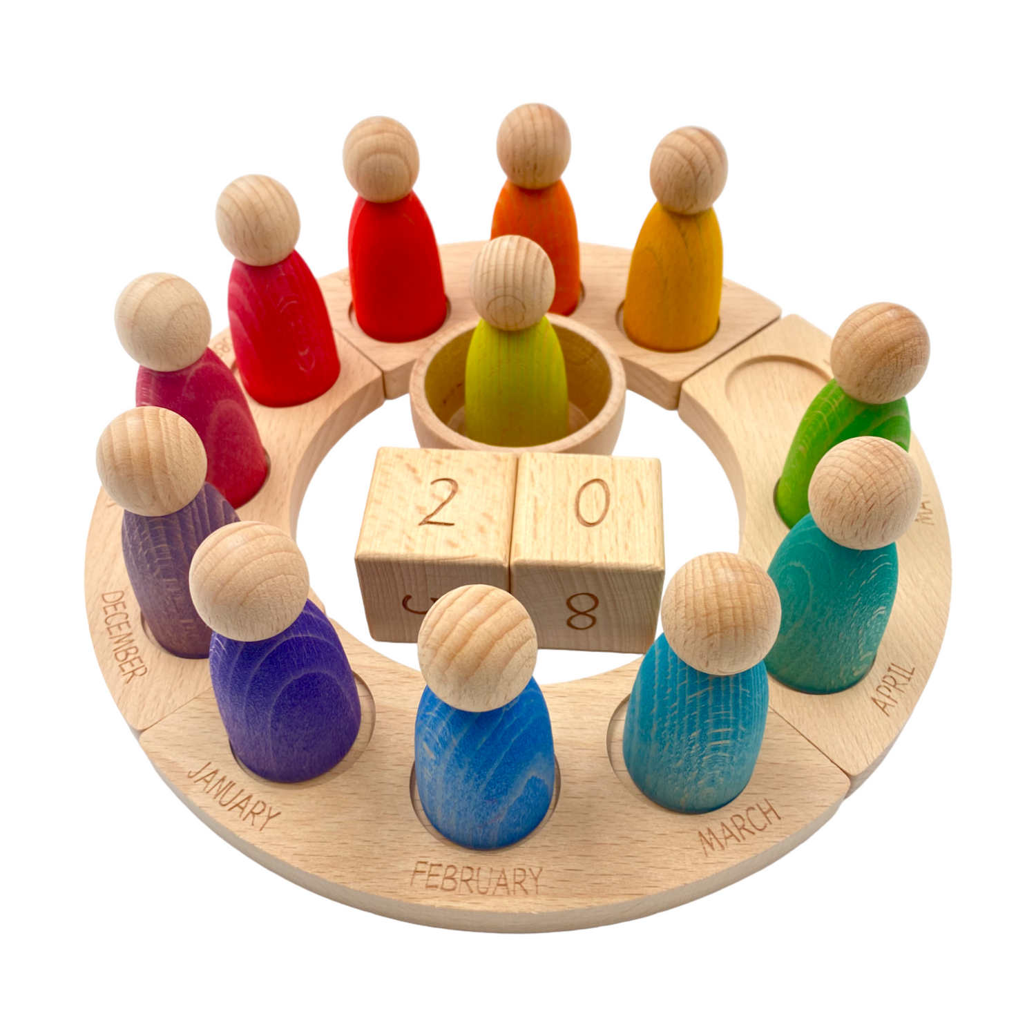 Wooden Perpetual Calendar with 12 Stained Rainbow Peg Figures