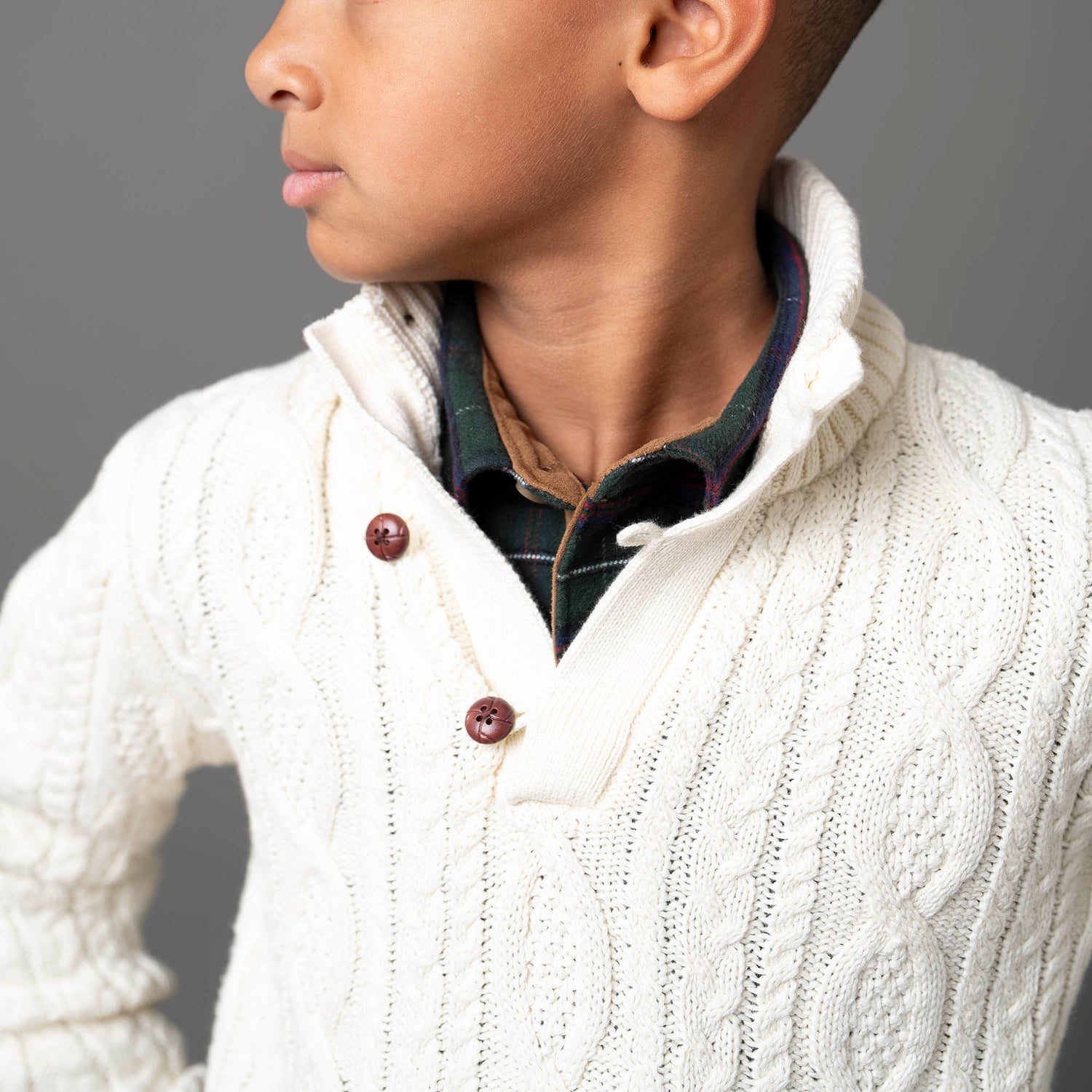 Organic Mock Neck Cable Sweater with Buttons