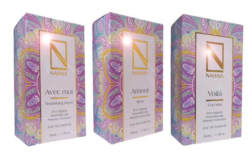 Natural Perfume Gift Set      3 × 1.76 fl oz Eau de Parfum A luxury trio of organic essential oil perfumes: Nourishing Blend, Rose, and Coconut. Natural, non-synthetic, sensual, and uplifting.