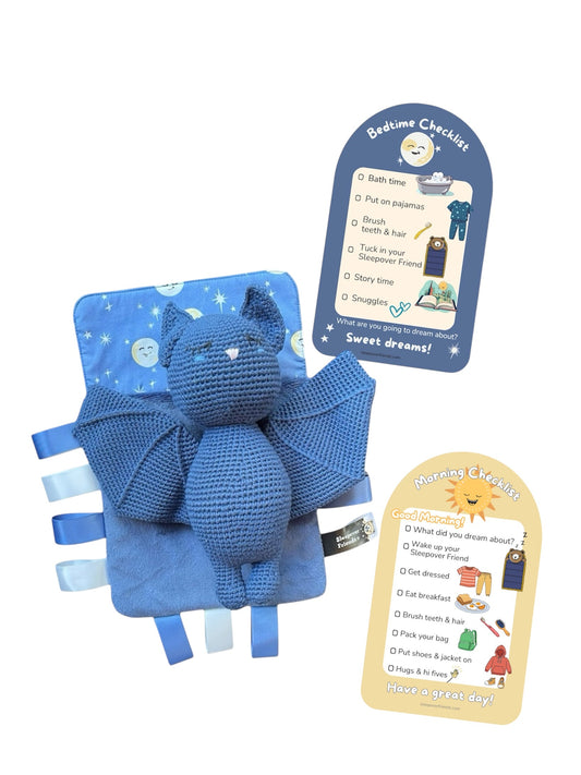 Bat in bedtime sleeping bag with bedtime and morning checklist