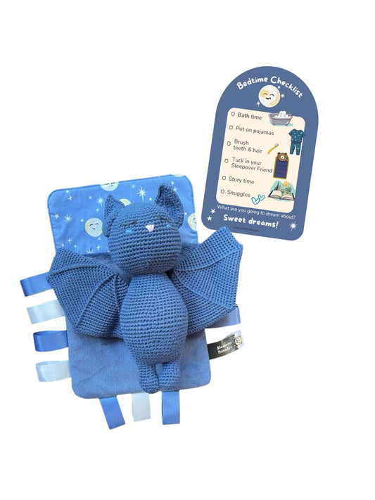 Bat in bedtime sleeping bag with bedtime checklist