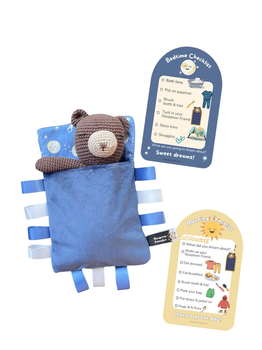 Bear in bedtime sleeping bag with bedtime and morning checklist