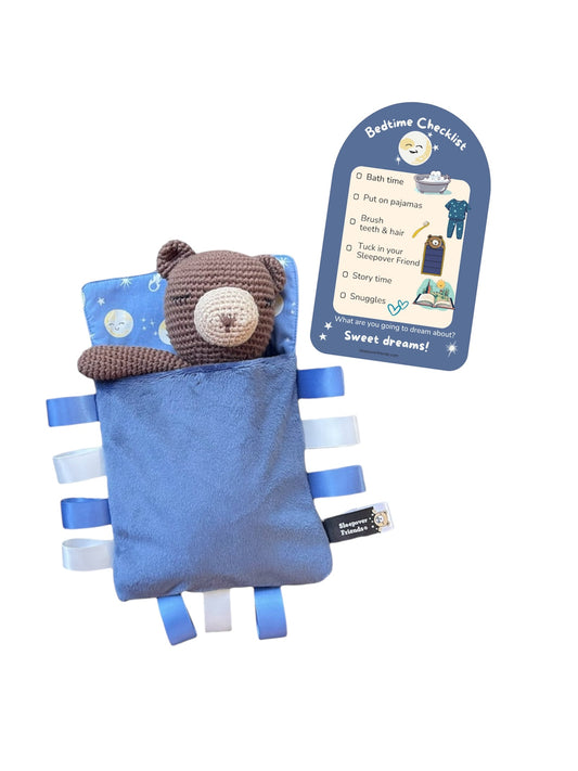 Bear in bedtime sleeping bag with bedtime checklist