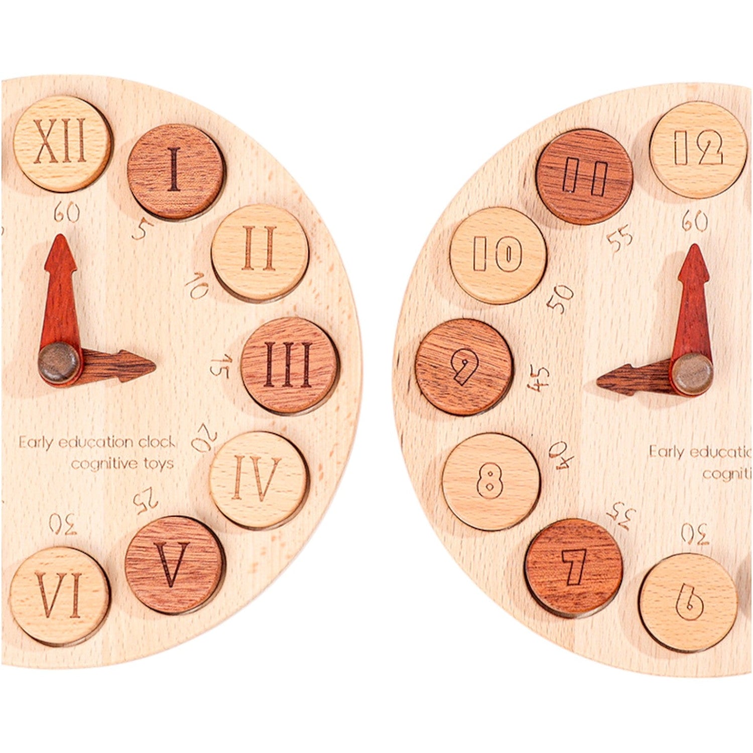 Wooden Cognitive Learning Clock – Dual-Sided Time Recognition Toy with Roman and Arabic Numerals